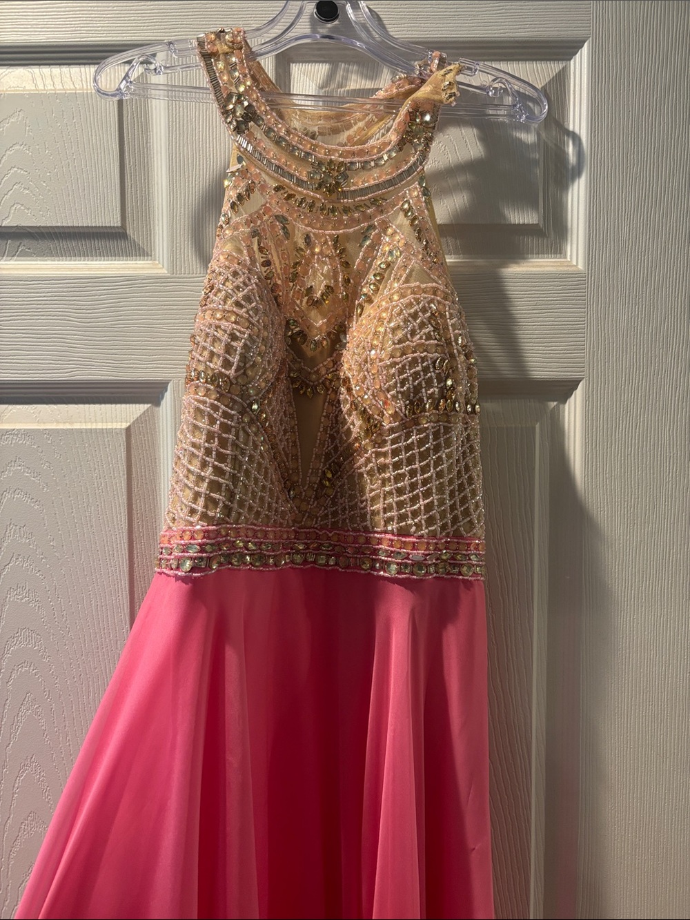 Rachel Allan Pink and Gold Halter Prom Gown